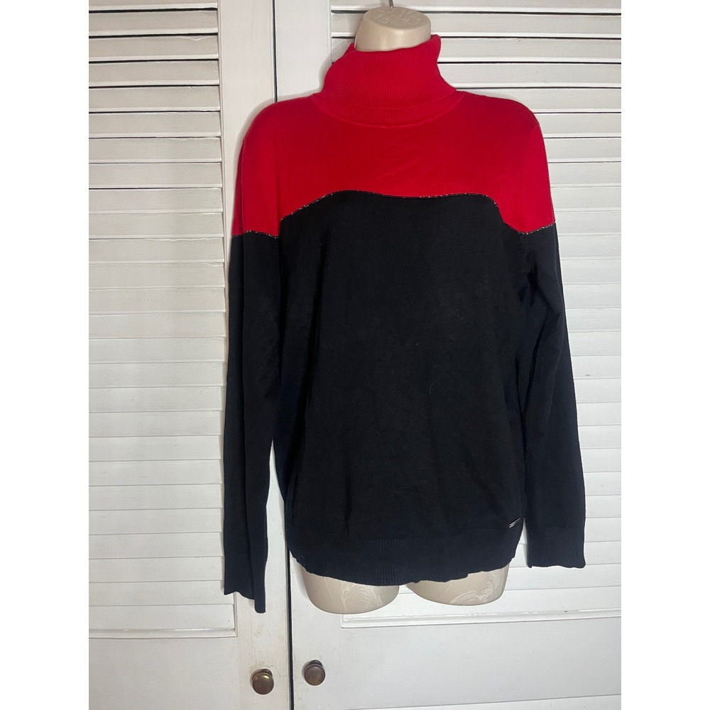 Calvin Klein Womens Red Black Colorblock Turtleneck Sweater Size Large Metallic